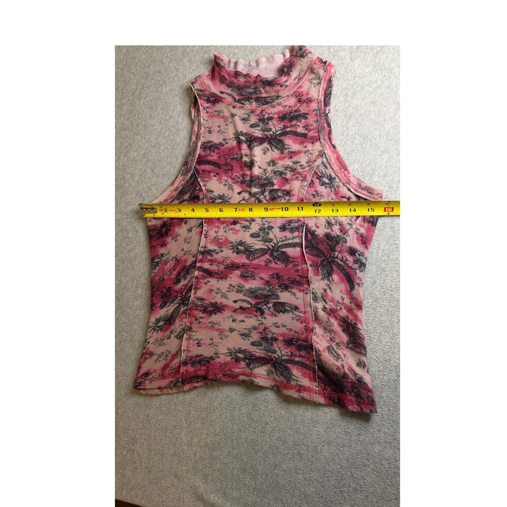 Pilcro Pink Black Floral Toile Waffle Knit Mock Neck Sleeveless Top Small - Picture 2 of 3